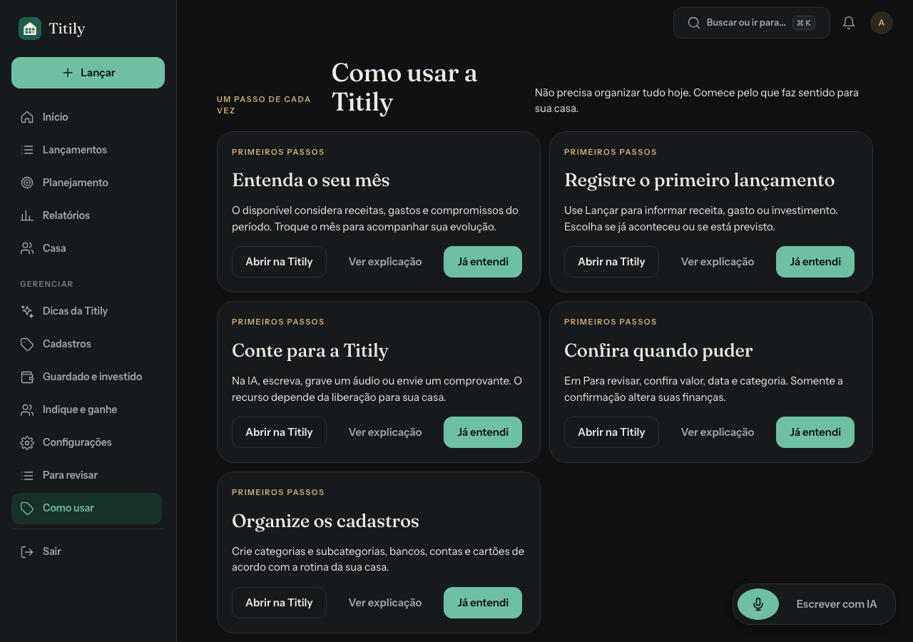 Tela da Titily ilustrando perfil, notificações e segurança, com dados fictícios