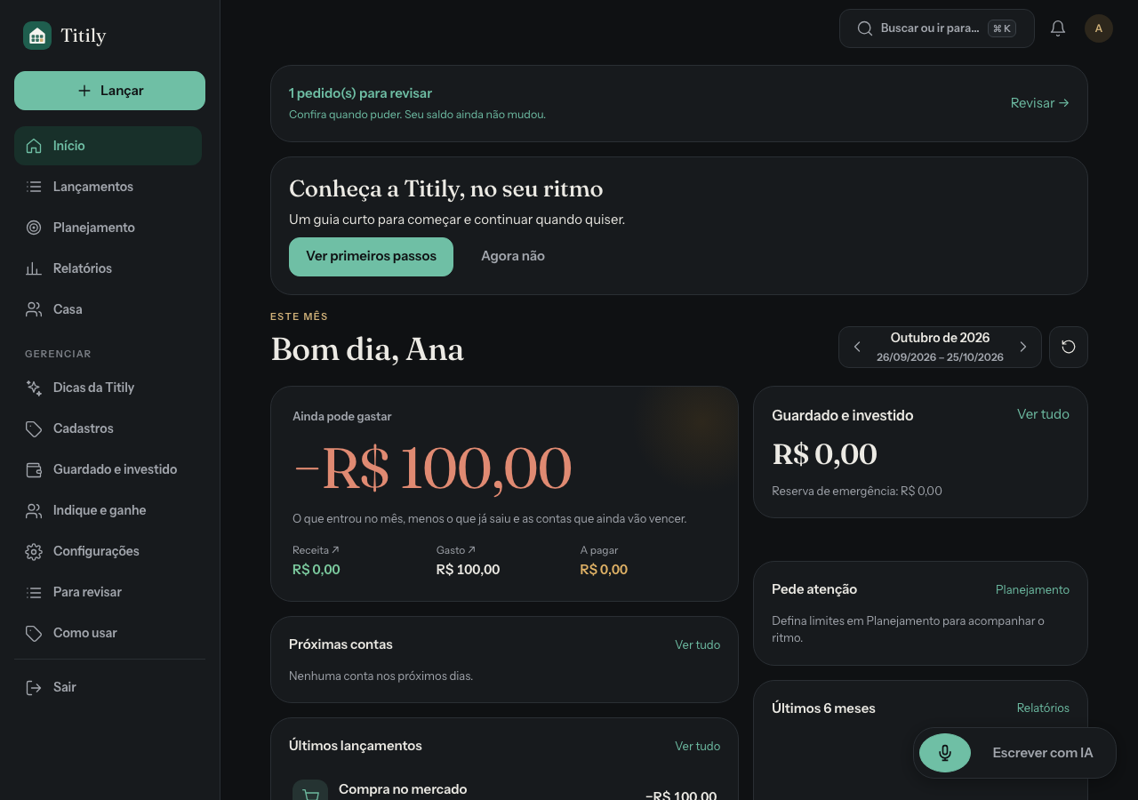 Tela da Titily ilustrando primeiros passos e visão do mês, com dados fictícios