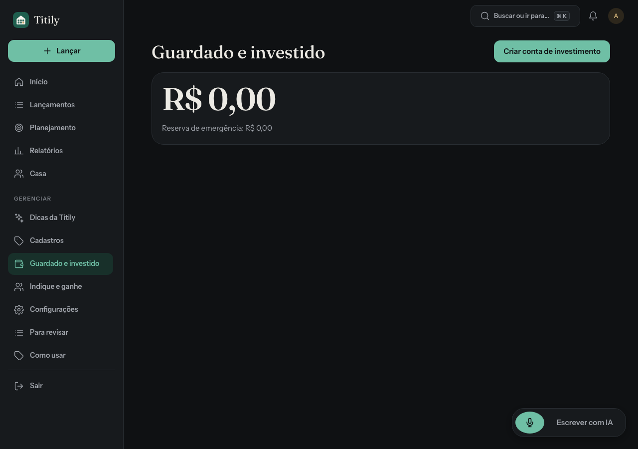 Tela da Titily ilustrando guardado, investido e dicas, com dados fictícios