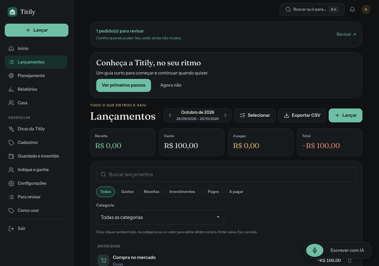 Tela da Titily ilustrando receitas, gastos e investimentos, com dados fictícios
